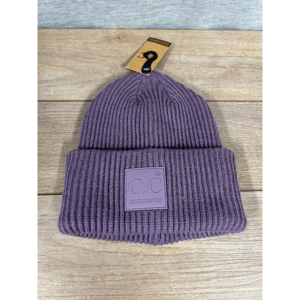 CC Exclusives Rubber Patch Beanie Violet Purple Ribbed Knit Cuffed Hat HAT-7007